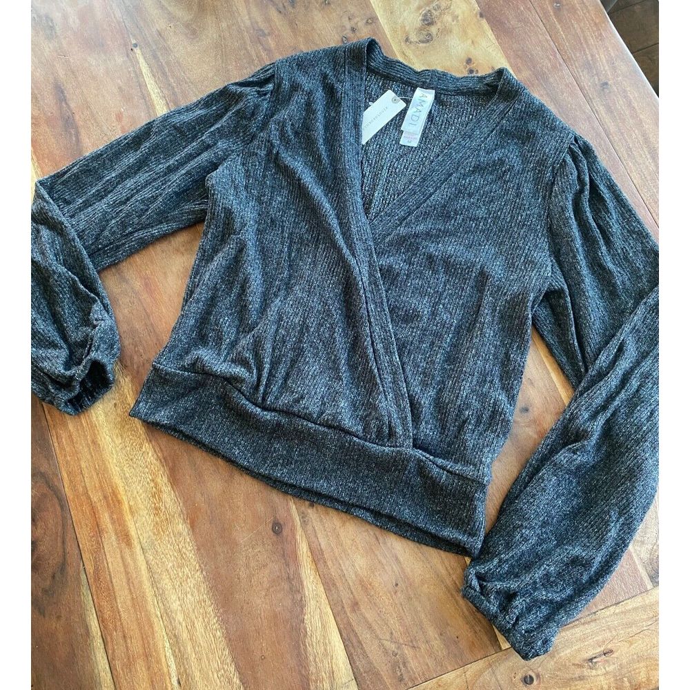 Nwt Anthropologie Amadi Surplice Gray Top Sz M Faux Wrap Balloon Long Sleeve